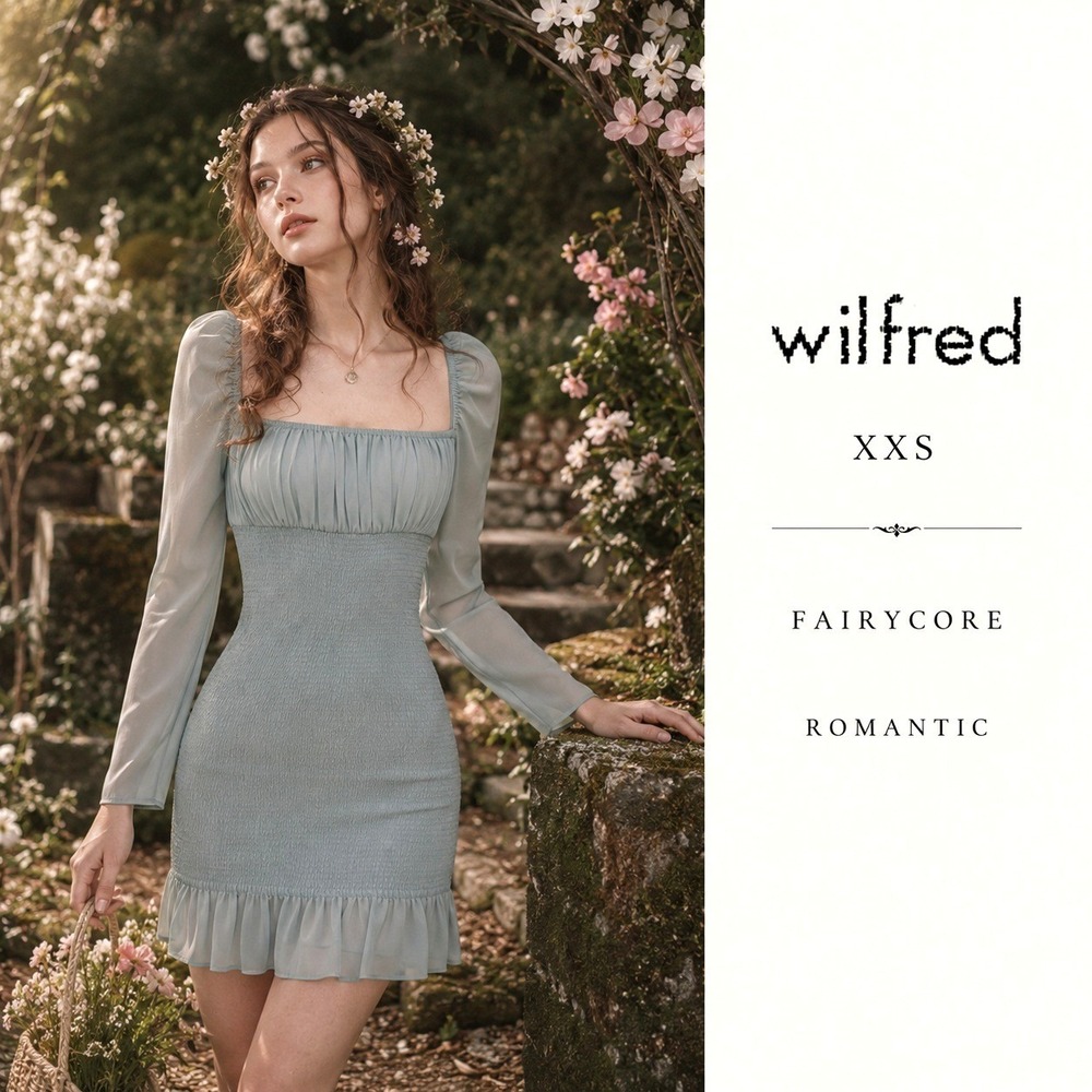 Aritzia Wilfred Ballad Ruched Smocked Mini Dress Womens‎ XXS Sage Blue Fairycore